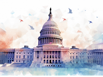 The United States Capitol with a blue and red sky reflected in the buildings